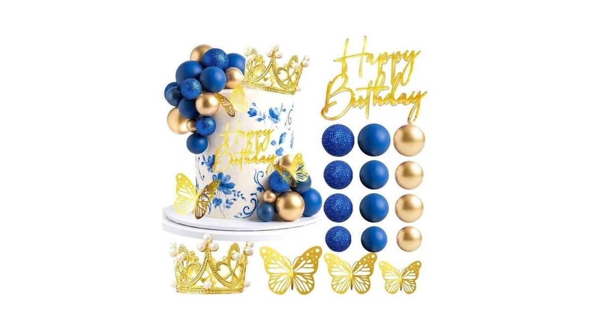 Blue Gold Balls Cake Toppers Happy Birthday Crown Tiara Cake