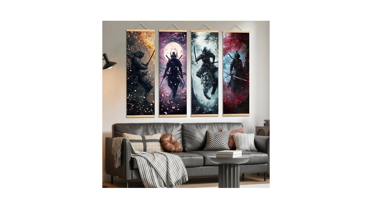 Pennimor 4-piece Japanese Wall Art, 11.81x35.43in Samurai And Tiger Canvas
