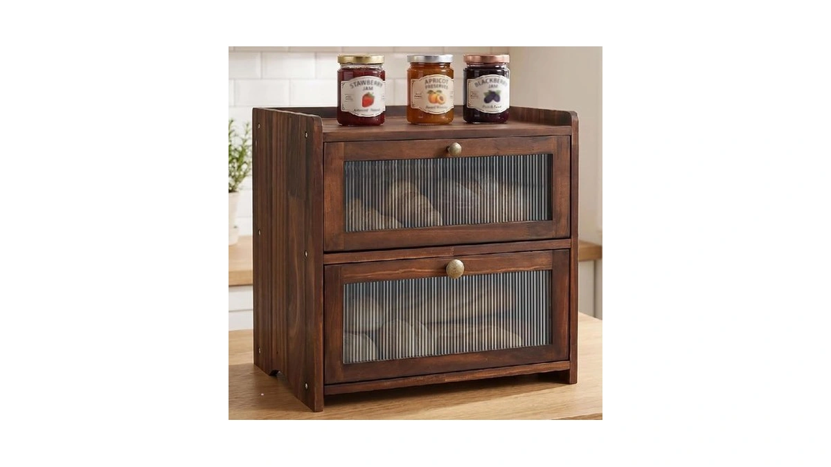 Luollabytel Bread Box For Kitchen Countertop, 2 Layer Wooden Breadbox