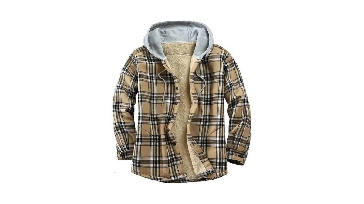 Flygo Flannel Shirt Jacket Men Fleece Hoodie Sherpa Lined Plaid