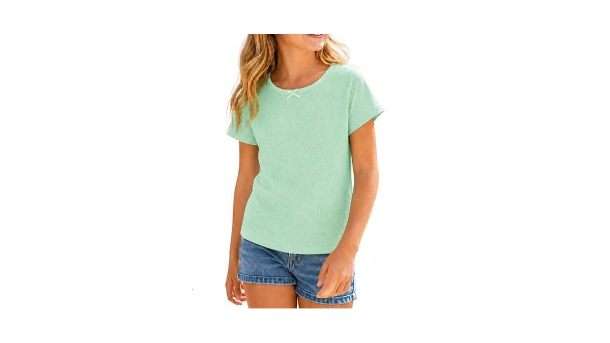Euz Girls Heart Pointelle Knit Short Sleeve T-shirt, Bow, Green,