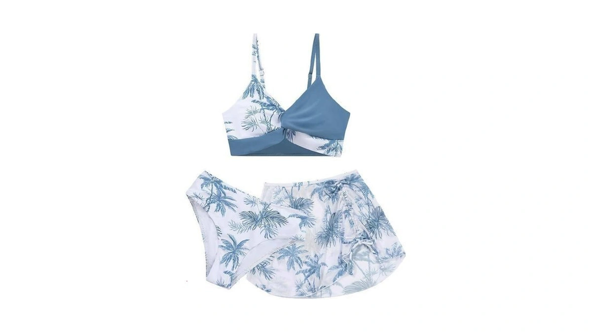 Weixinbuy Girls Swimsuit 3 Piece Tropical Floral Twist Cross Bathing