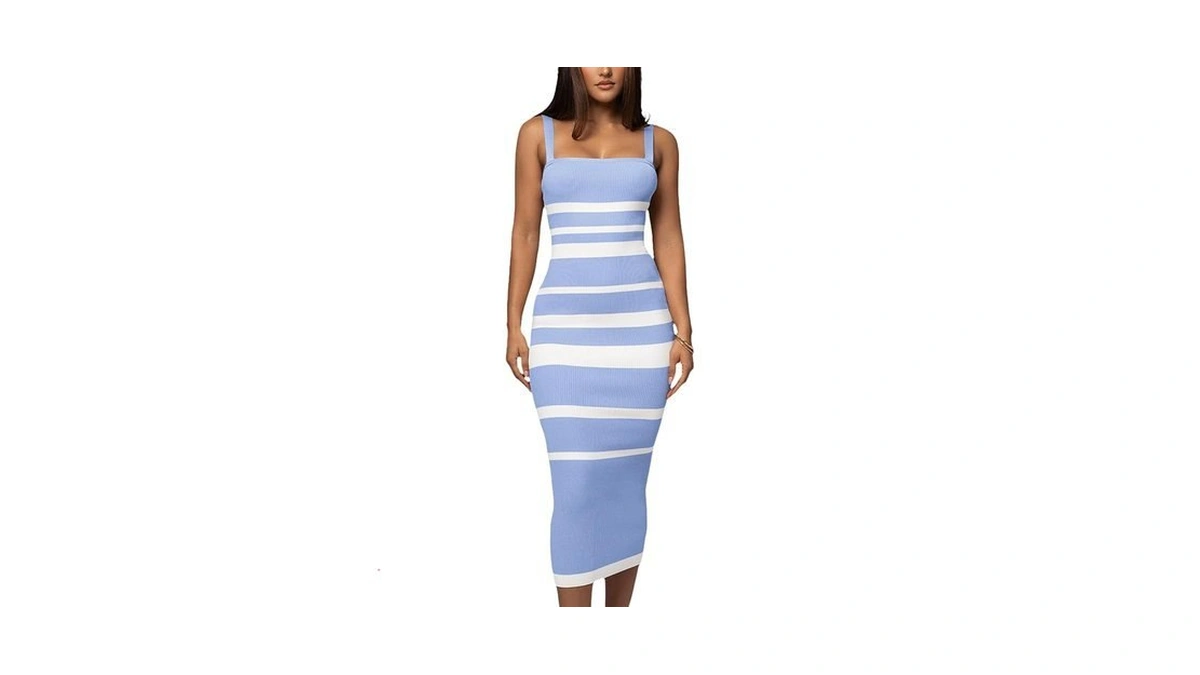Rommoon Women's Casual Spring Summer Striped Midi Dress Ribbed Knit