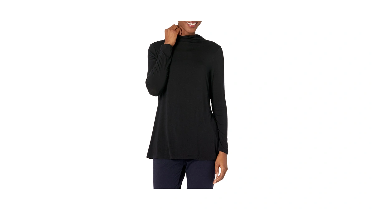 Amazon Essentials Women's Jersey Long-sleeve Mock Neck Swing Tunic, Black,