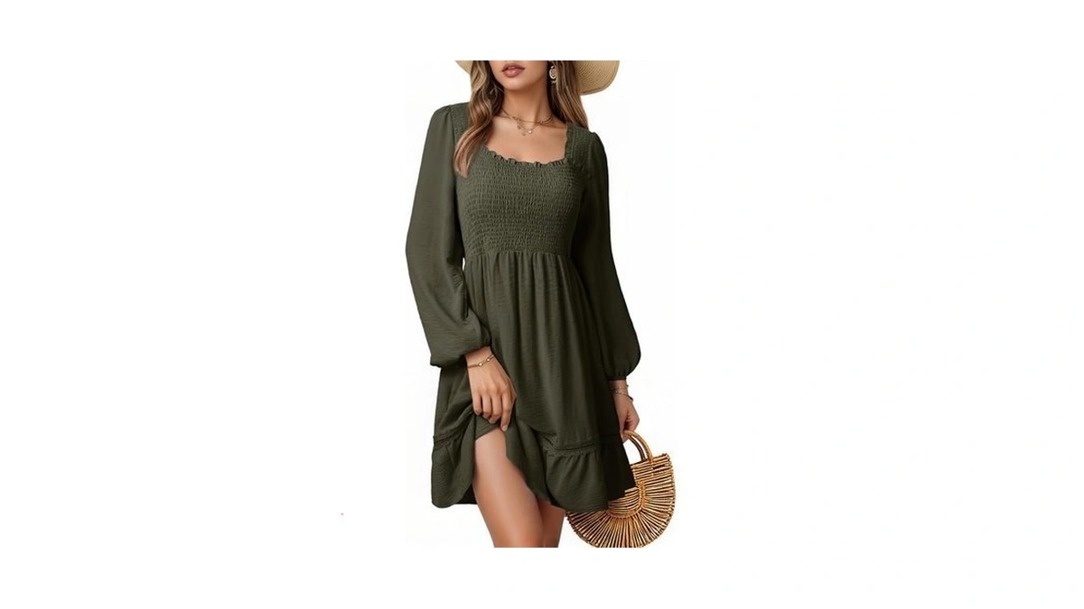 Dokotoo Women's Casual Scoop Neck Smocked Dress Shirred Ruffle Long