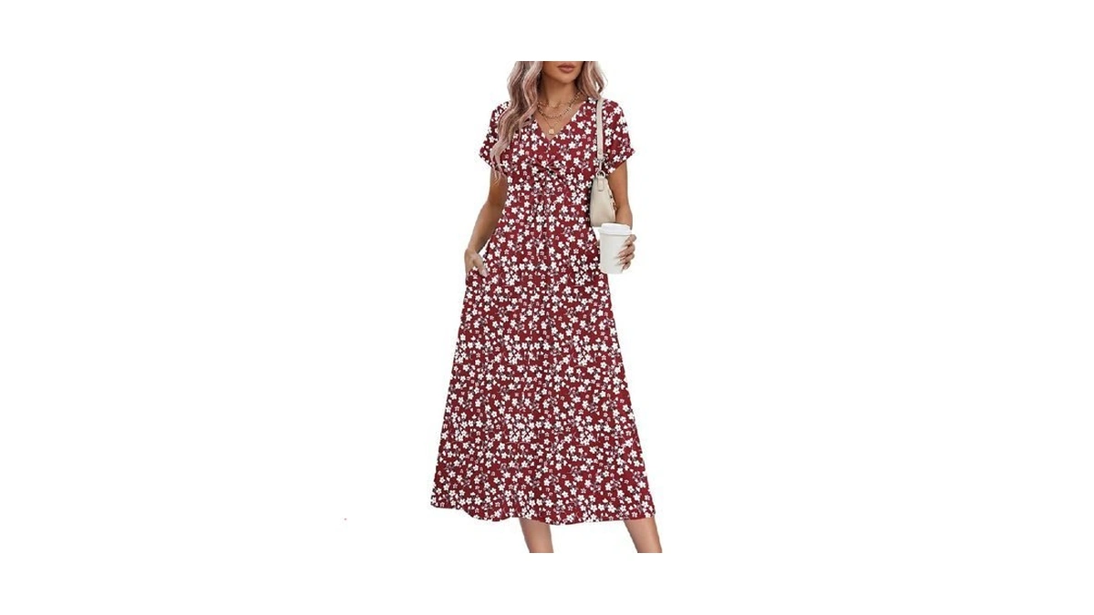 Wneedu Women Summer Casual Midi Dress Twist Front V Neck,rd