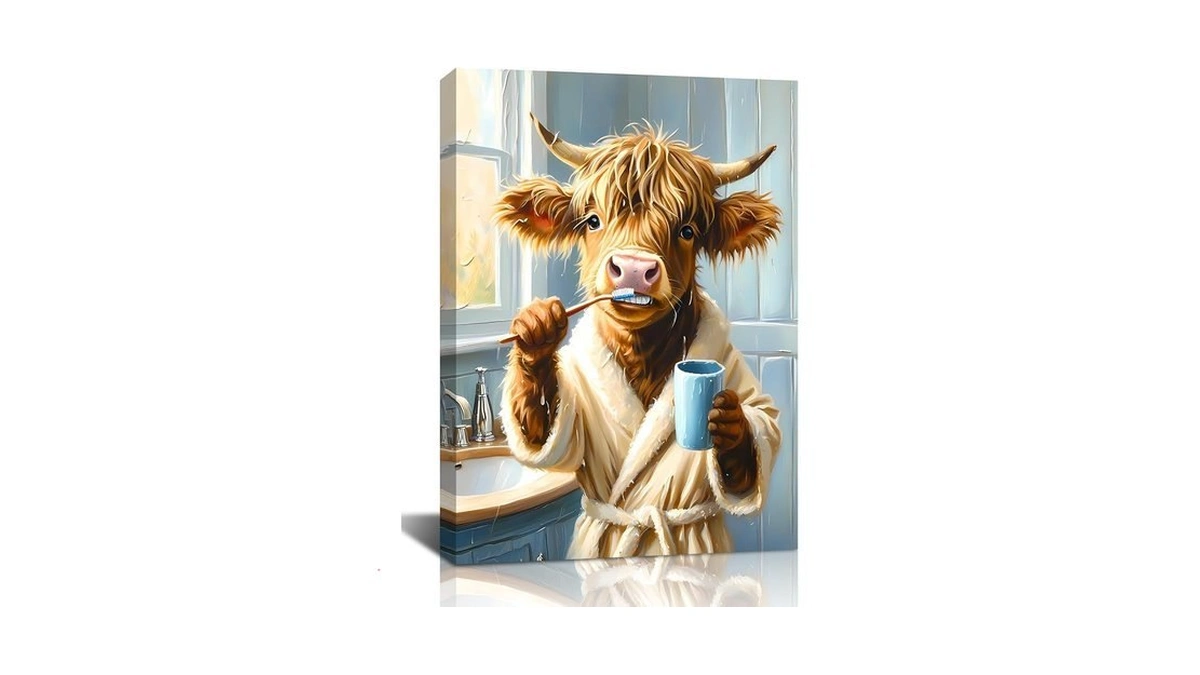 Lnlagbo Funny Bathroom Highland Cow Wall Art,brown Cow Brushing Teeth