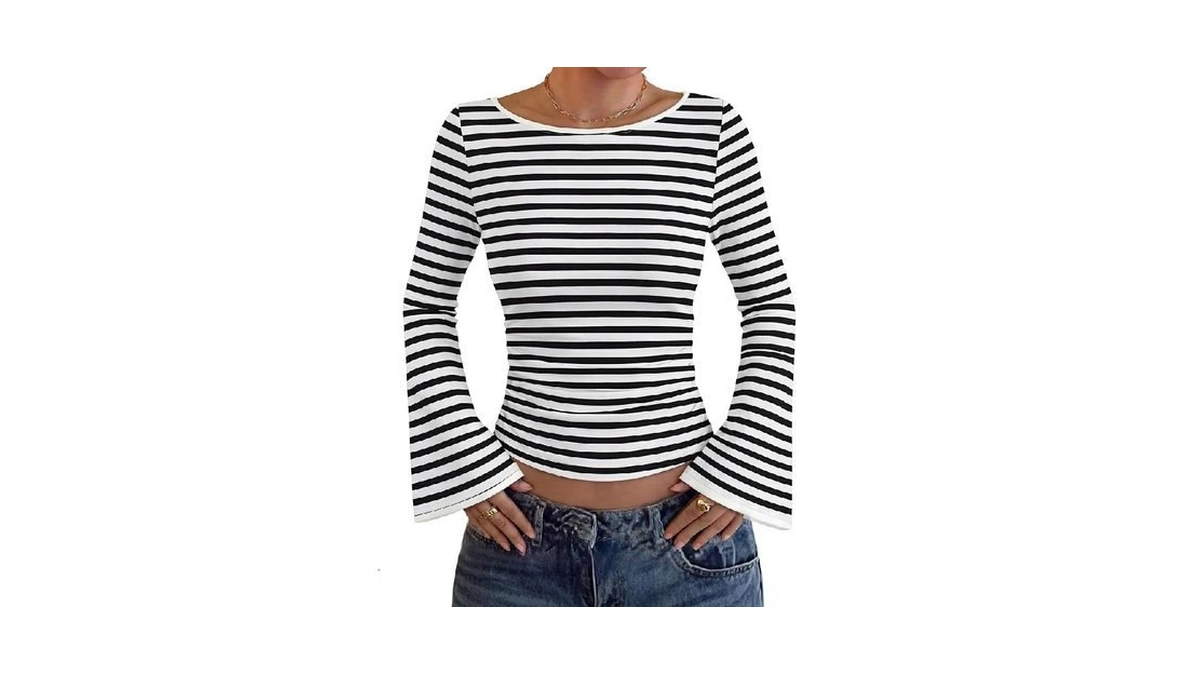 Wiholl Black White Striped Bell Sleeve Shirts Going Out Fall
