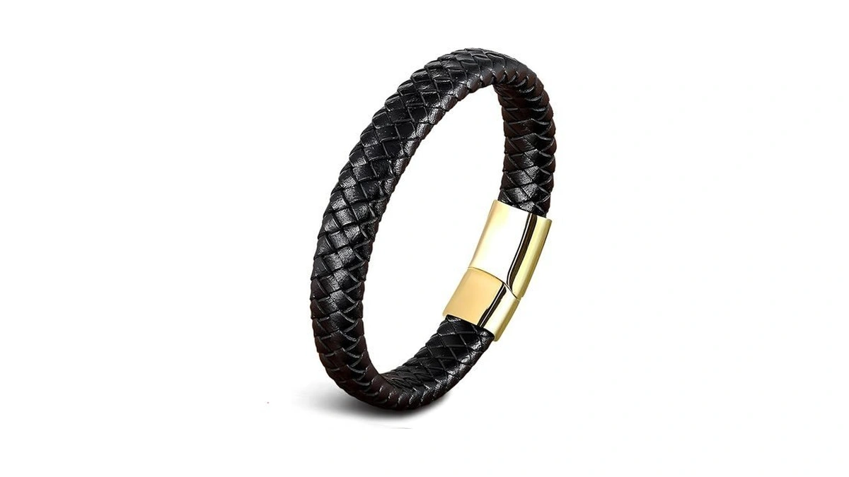 Deerllia Leather Bracelet For Men, Braided Cuff With Stainless Steel