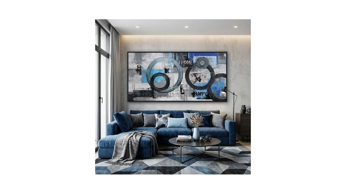 Navy Blue Abstract Wall Art For Living Room - Large