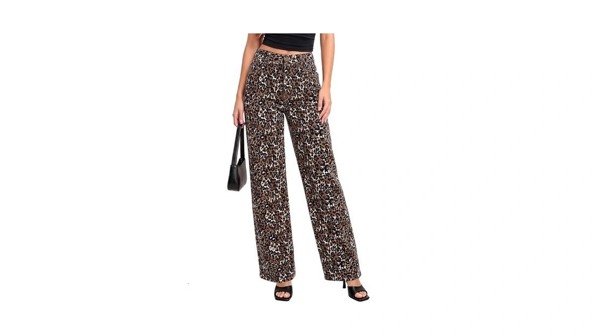 Grapent Womens Wide Leg Jeans High Waist Cheetah Print Baggy