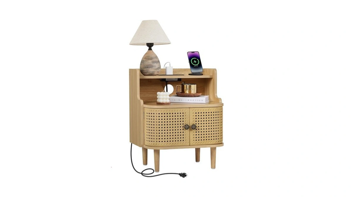 Metal Rattan End Table With Charging Station, Mid Century Modern