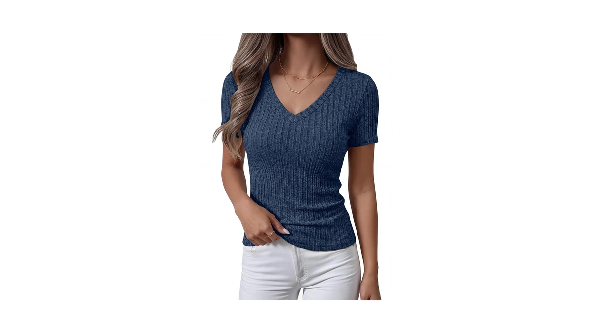 Anrabess Short Sleeve Sweaters For Women Summer V Neck Knit