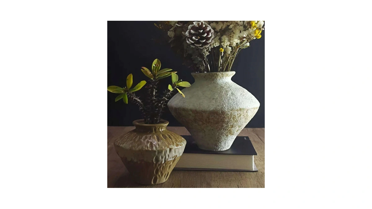 Medieval-style Flower Vases Set Of 2(terracotta And Porcelain), Farmhouse Rustic