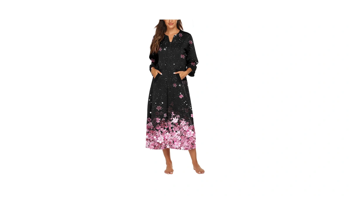 Ekouaer Women Zipper Robe 3/4 Sleeves Loungewear Dress Full Length