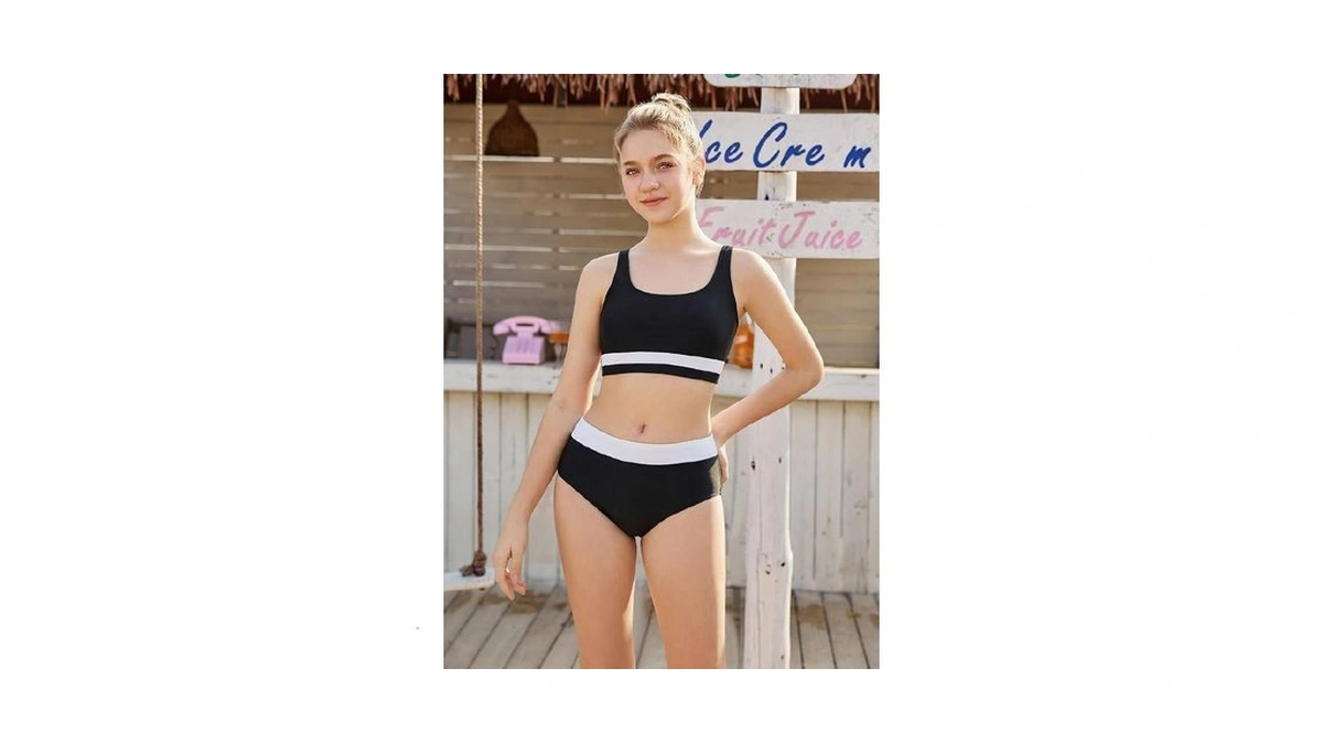 Alakuoti Girls Swimsuit Color Block Adjustable Straps Bikini Sets Teen