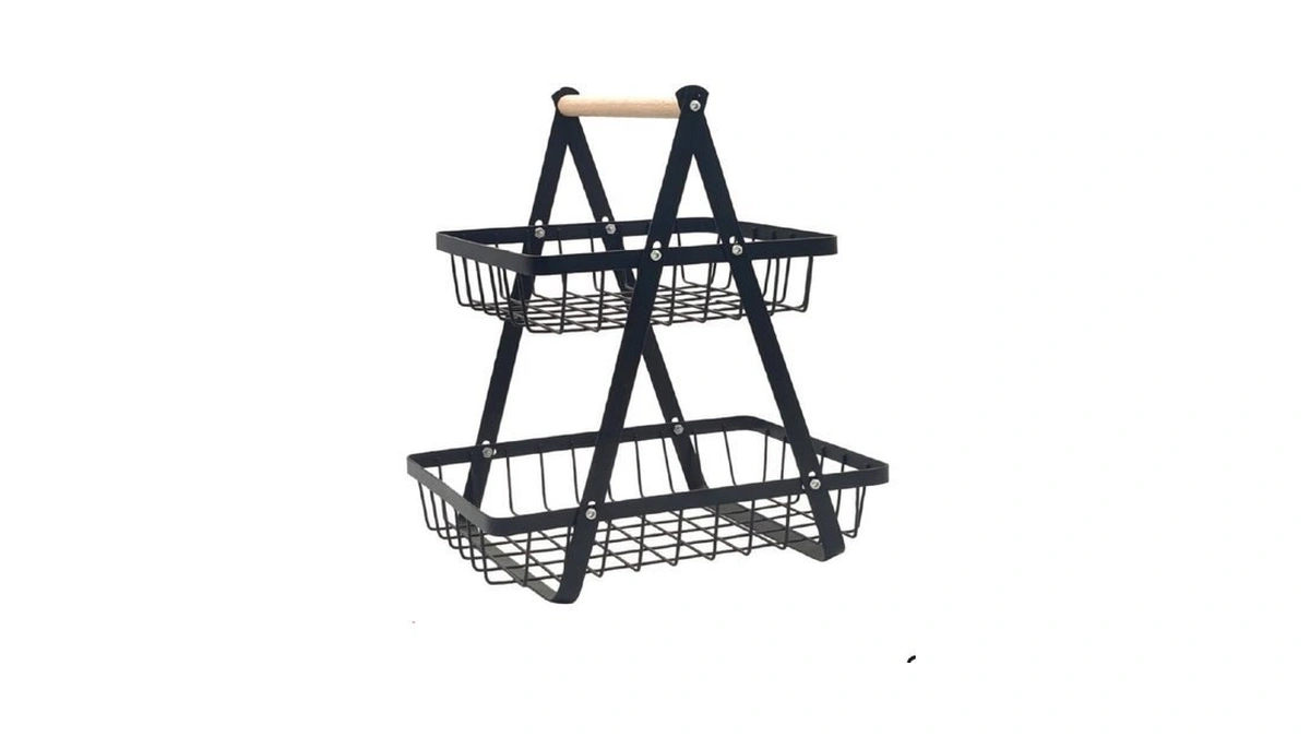 2 Tiers Fruit Basket, Portable Fruit Bowl With Wooden Handle