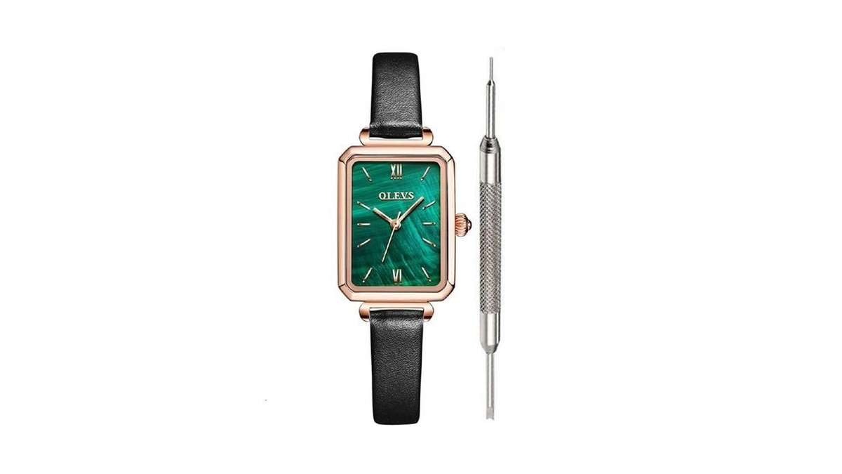 Olevs Fashion Square Leather Black Watches For Women Green Stone