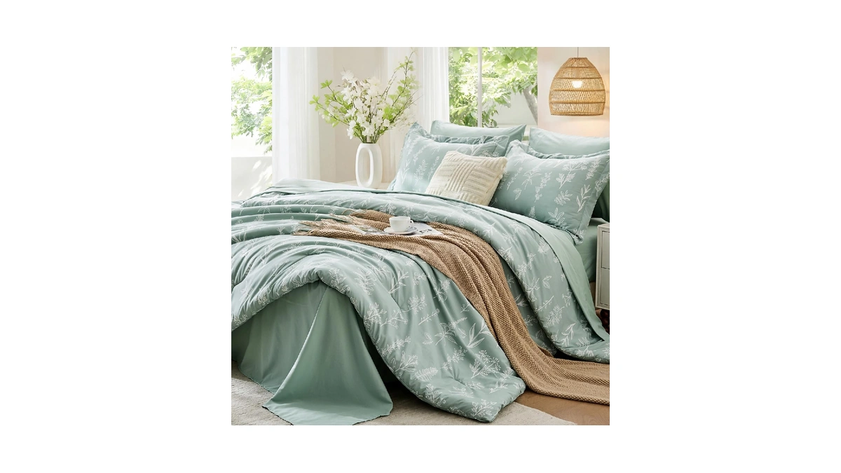 Muxhomo Queen Comforter Set 7 Pieces, Sage Green Bed In