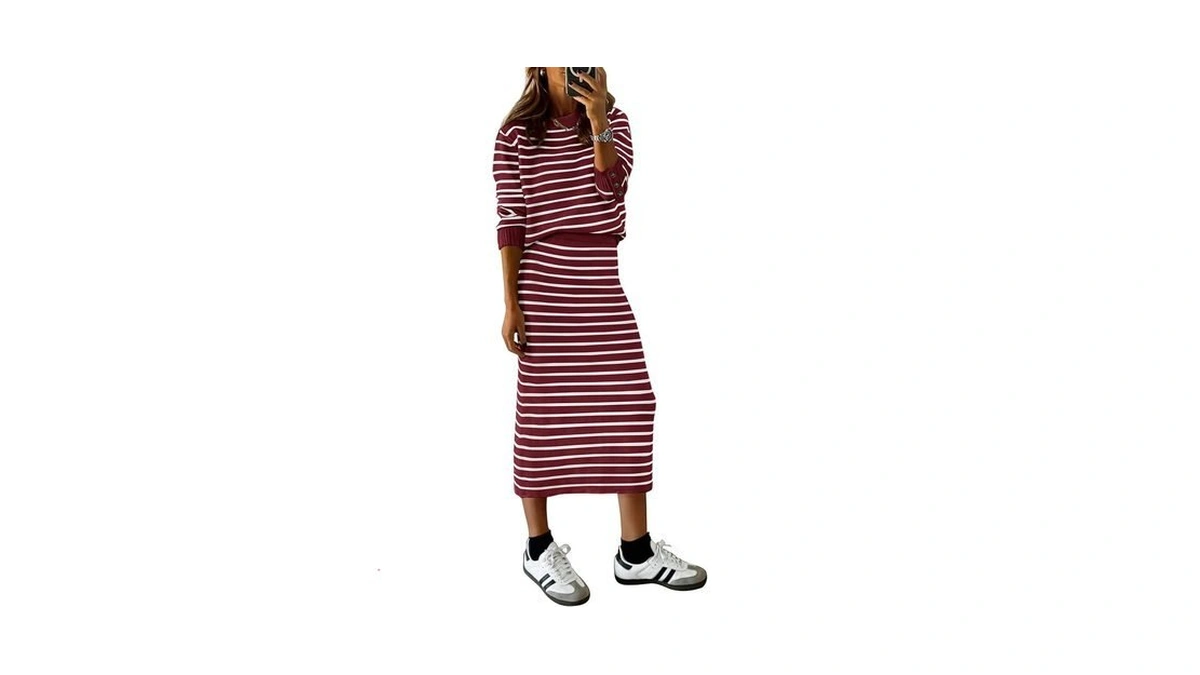 Prettygarden Women Striped Sweater Skirt Set, Wine Red White Stripe,xxl