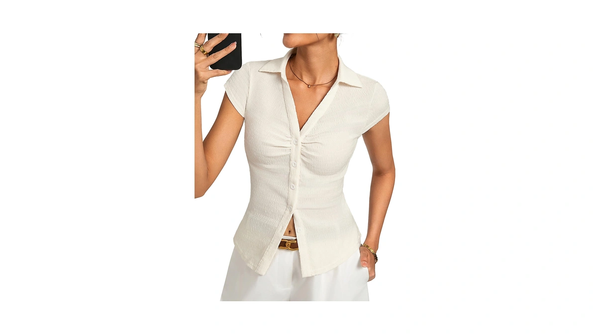 Women Button Down Blouse, V-neck Ruched Tops With Y2k Collar,