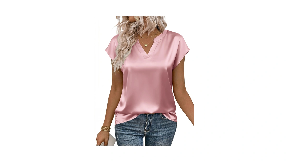 Zeagoo Womens Shirts Cap Sleeve Satin Silk Tops V Neck