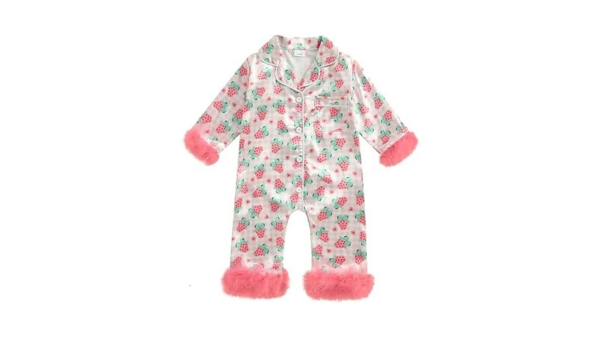 Woshilaocai Baby Girl Button Down Romper Bow Strawberry Fuzzy Cuff