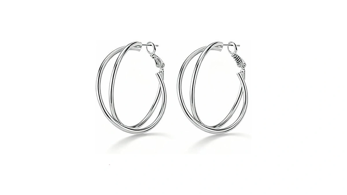 White Gold Plated Crossover Double Hoop Earrings, 40mm Big Hoops