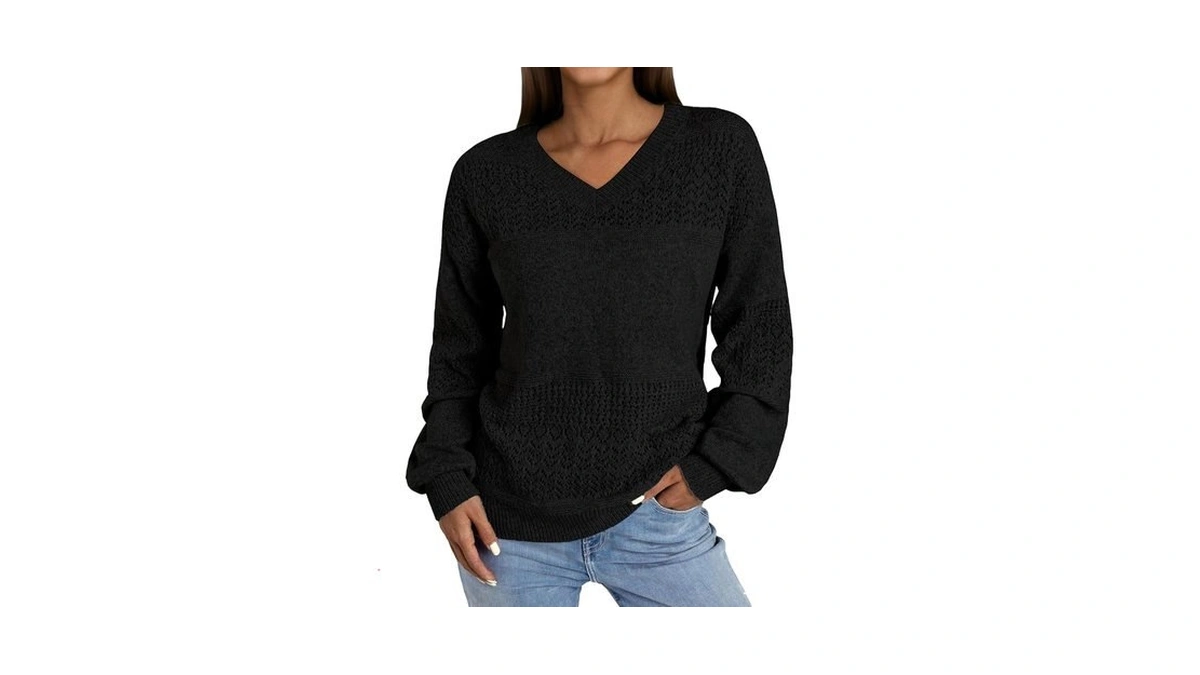 Noracora Women's V Neck Fall Sweaters Crochet Soft Lightweight Ribbed
