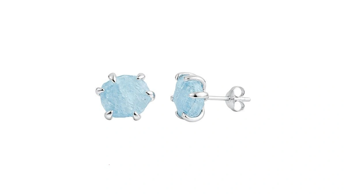 Raw Aquamarine 8mm 925 Sterling Silver Stud Earrings For Women