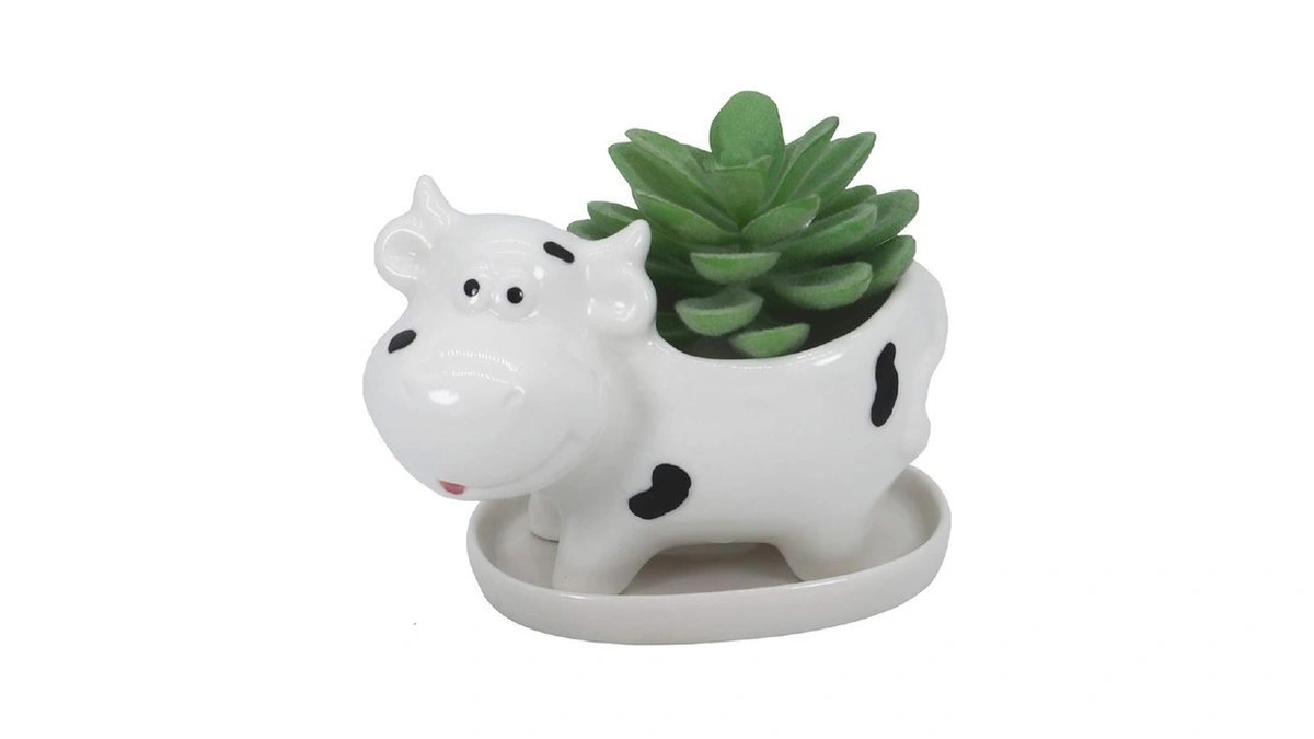 Gemseek Cute White Ceramic Cow Succulent Planter Pot With Drainage