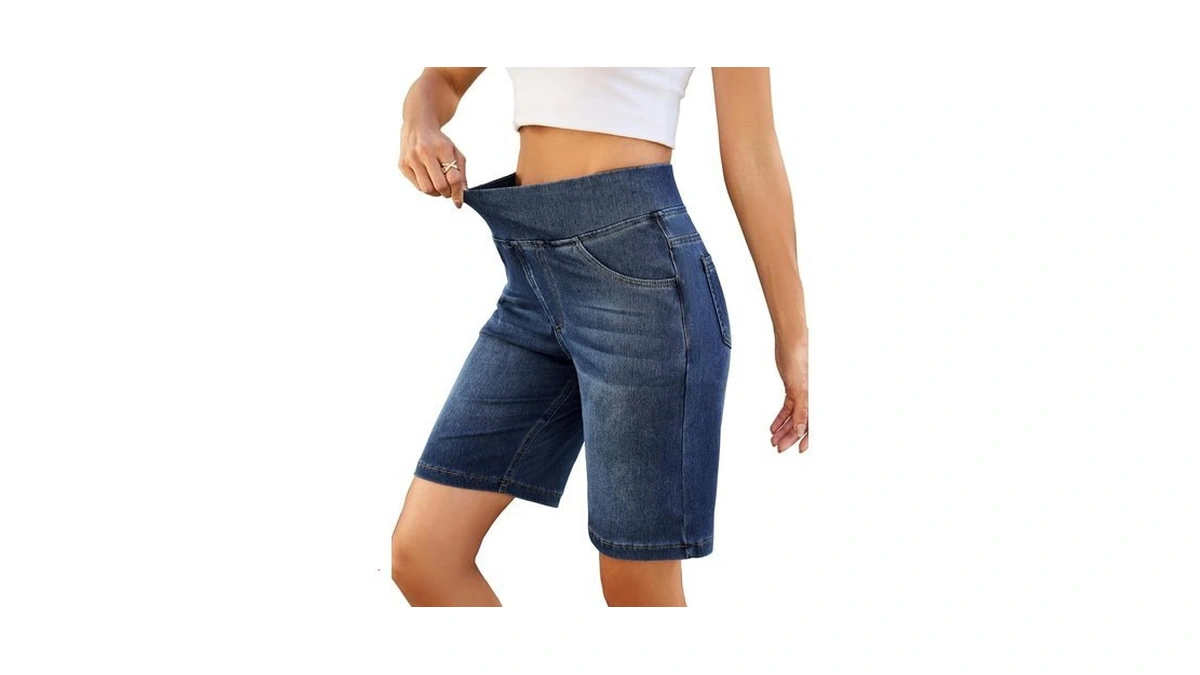 Womens Pull On Jean Shorts Elastic Waist Stretchy Denim Bermuda