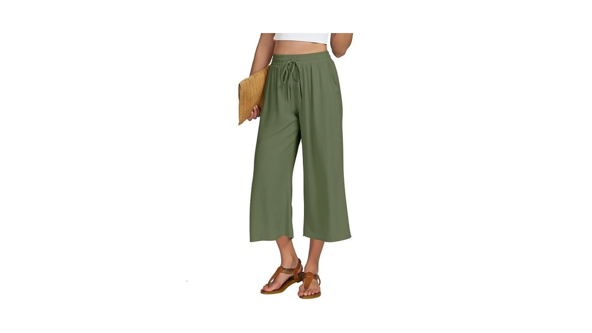 Vutru Womens Pants Wide Leg Casual Summer Cropped Elastic Waist
