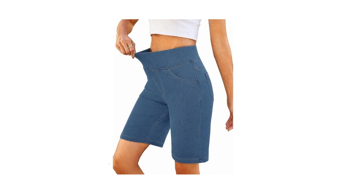 Womens Pull On Long Jean Shorts Stretchy High Waisted Denim
