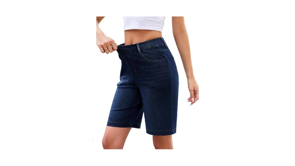 Womens Bermuda Jean Shorts Elastic Waist Stretchy Pull On Denim