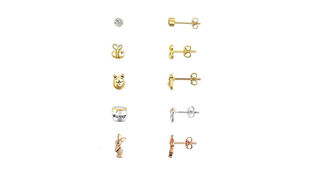 Disney Winnie The Pooh Tri-tone Cz "hunny" 5-piece Stud Earrings