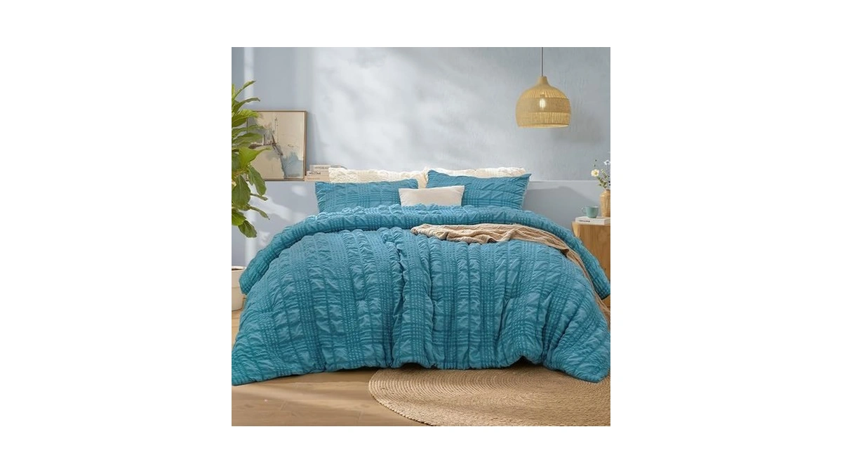 Bedelite Twin Comforter Set, Seersucker Bedding Set 2 Pieces, Blue