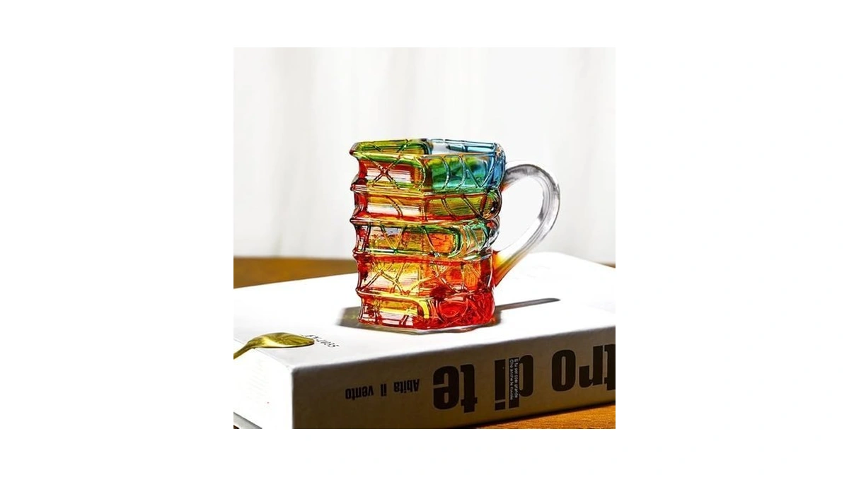 Aklope Handmade Glass Book Coffee Mug, Stackable 3d Design, Blue