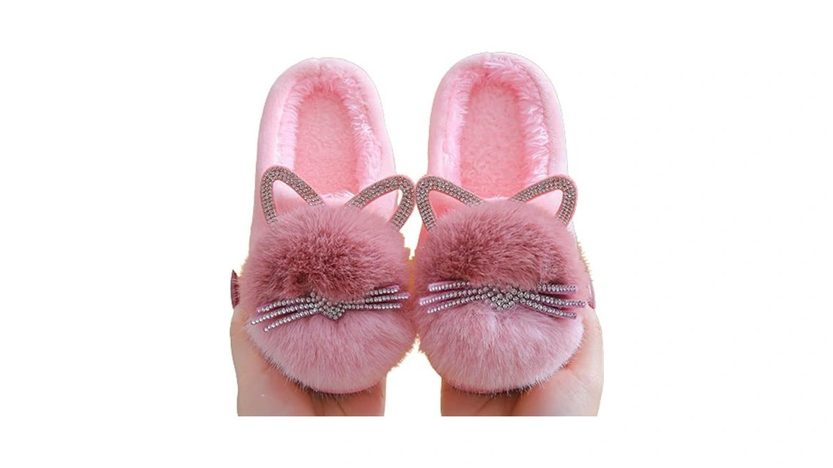 Toddler Cute Cat House Slippers - Girls Kids Fuzzy Winter