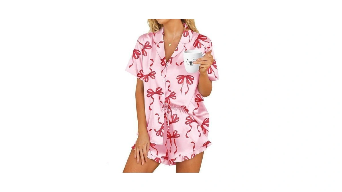 Hotouch Womens Satin Bow Pajamas Set Button Down 2 Piece