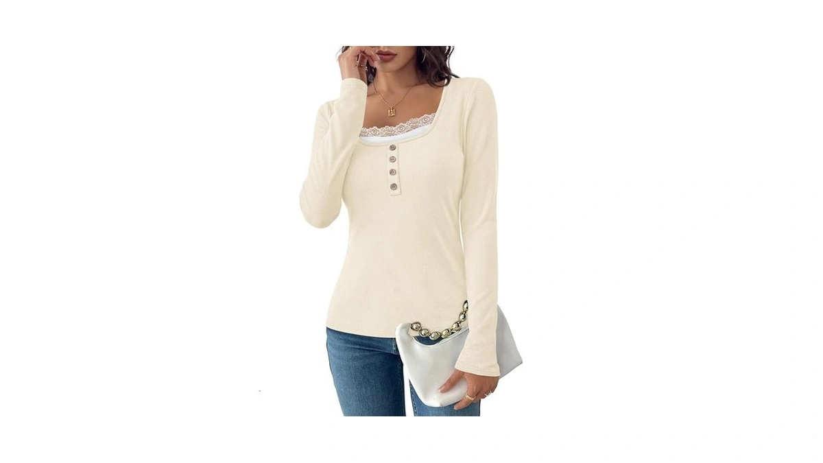 Wiholl Women's Long Sleeve Tops Lace Trim Scoop Neck Fall