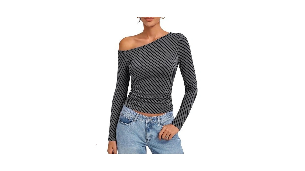 Women Grey Long Sleeve Off Shoulder Striped Tops, Sexy Slim