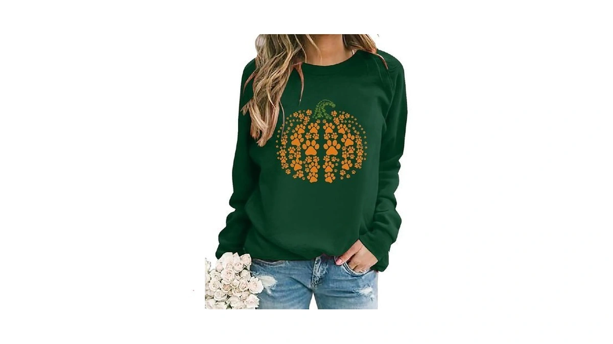 Urvatac Fall Sweatshirt For Women Pumpkin Dog Paw Pullover Thanksgiving