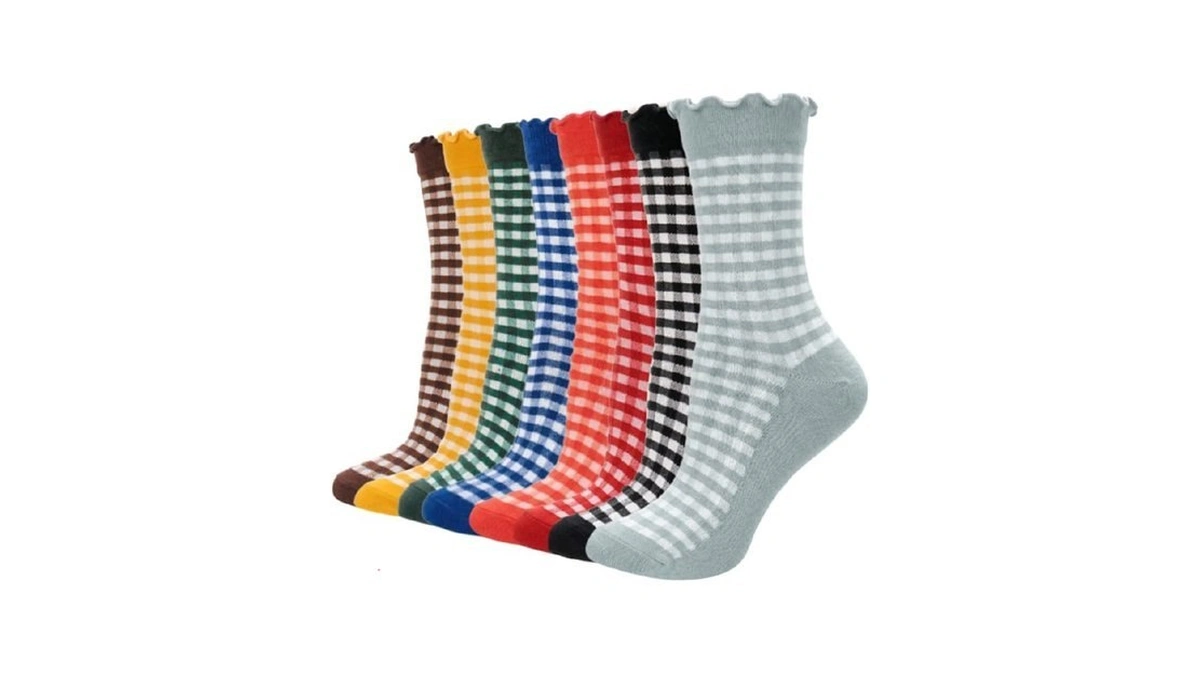 Scenicamp 8 Pairs Women's Ruffle Crew Socks, Striped & Checkered,