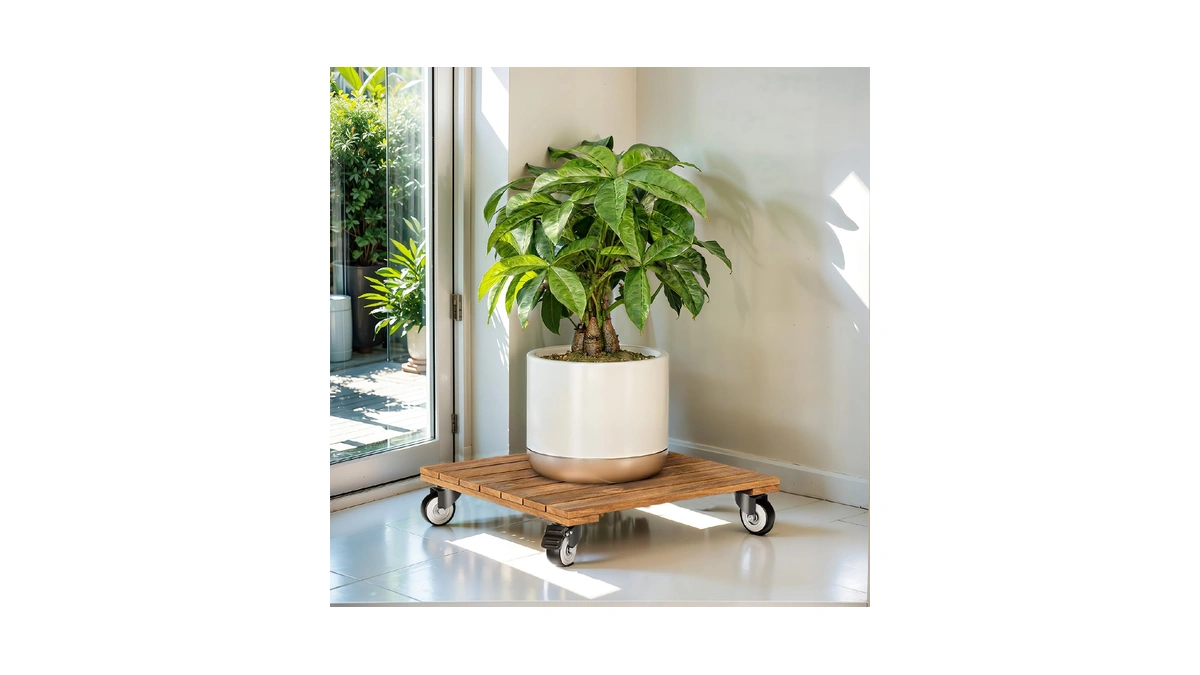 Idzo 2-pack 12 Inch Acacia Wood Rolling Square Plant Caddy