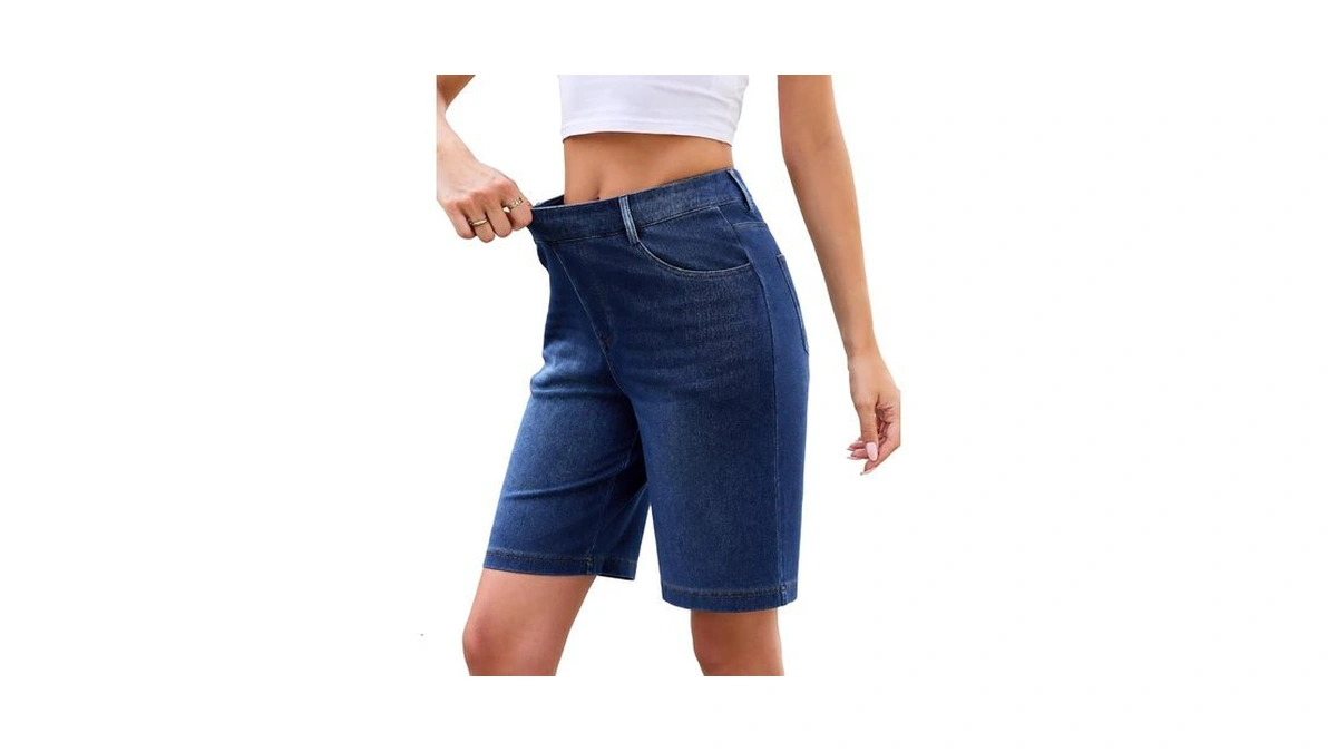 Womens Jean Shorts High Waisted Pull On Stretchy Bermuda Shorts
