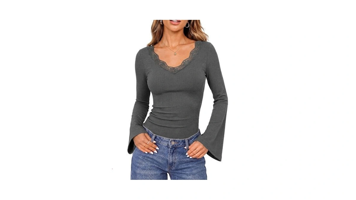 Women Grey Long Bell Sleeve Tops, Lace Ribbed V Neck