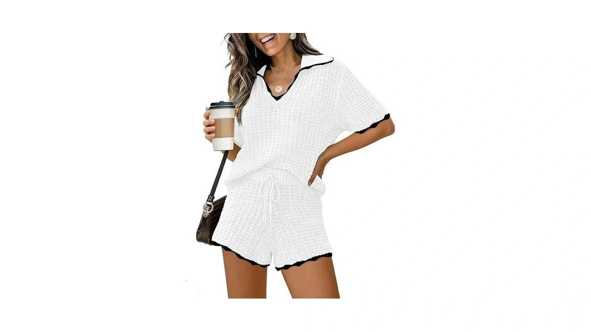 Tankaneo Womens Sweater Set 2 Piece Outfits Lapel V Neck