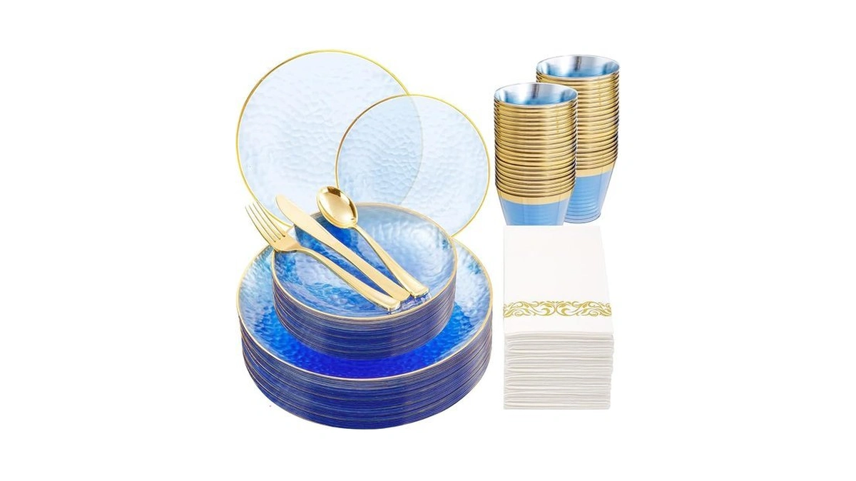 Dayammi 175pcs Clear Blue Gold Plastic Dinnerware Set For 25