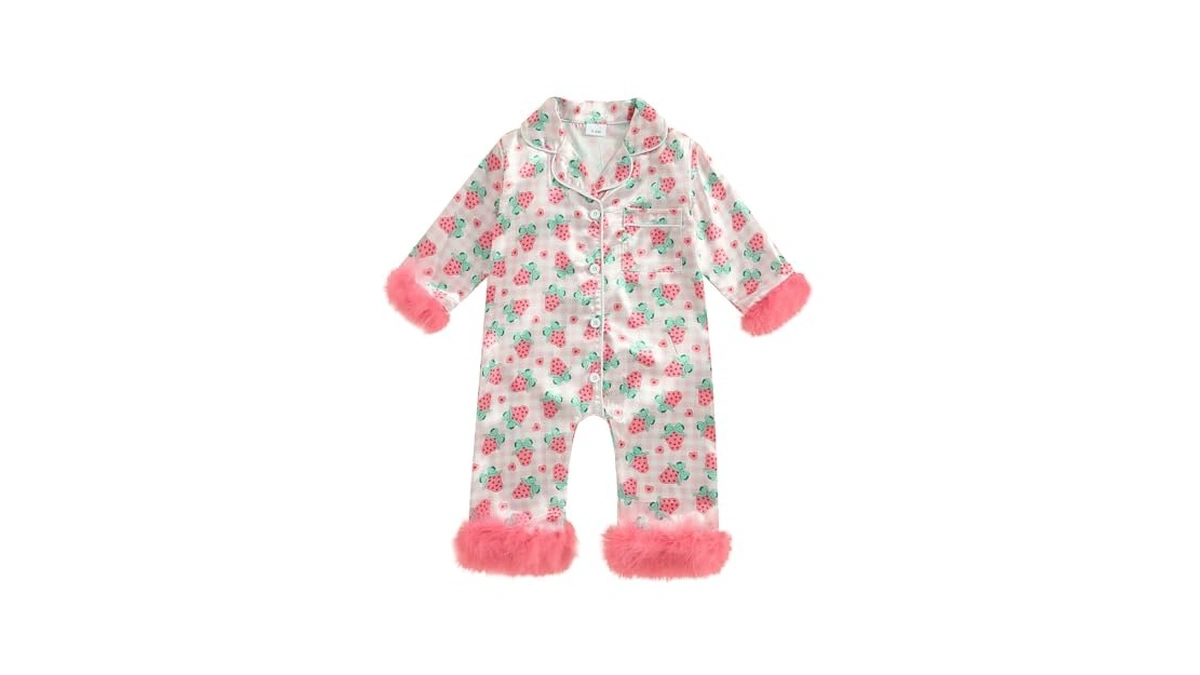 Woshilaocai Baby Girl Button Down Romper Bow Strawberry Fuzzy Cuff